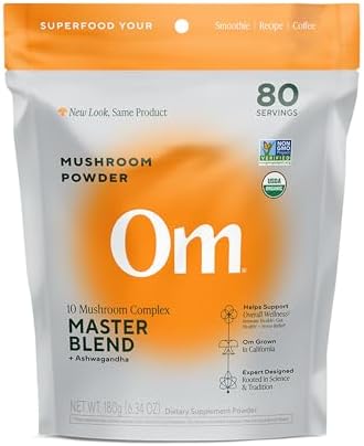 Om Master Blend Mushroom Powder – Organic Mushroom Supplement with 10 Mushrooms and Ashwagandha - Support Immunity, Gut Health & Stress Relief