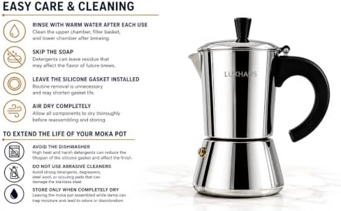 LuxHaus 3 Cup Moka Pot (2oz each cup - 6oz total) Stovetop Espresso Maker - Stainless Steel Italian and Cuban Mocha Coffee Maker