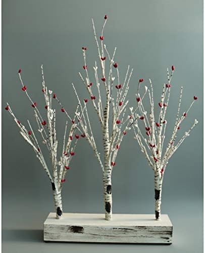 Battery Operated w/Timer Illuminated Pip Berry Tree Centerpiece Lighted Three Trees Tabletop LED Lights, for Home/Party/Wedding/Festival/Indoor Decoration, 21-Inch