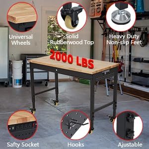 48’’x24’’ Adjustable Workbench,Workbench with Drawers,Darage Workbench with Pegboard,2000 LB Load Capacity,4 Rolling Casters, Power Outlets, Metal Frame,for Garage, Workshop, Home, Office