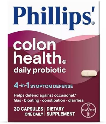 Phillips' Colon Health Daily Probiotic Capsules, 4-in-1 Symptom Defense to help defend against Occasional Gas, Bloating, Constipation, and Diarrhea, Daily Supplement, 30 Count