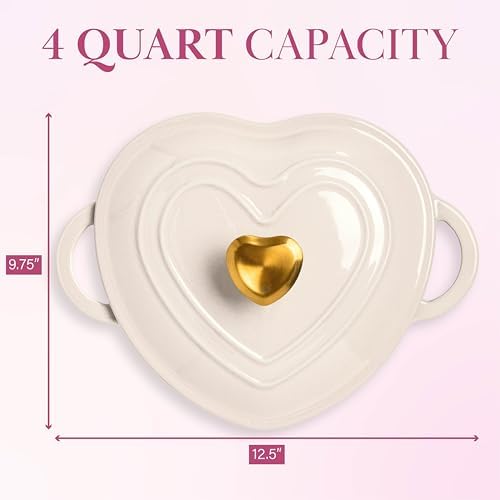 Paris Hilton Enameled Cast Iron Dutch Oven Pot with Lid, Heart-Shaped Dutch Oven, Durable Cast Iron Pot with Dual Handles, Oven Safe to 500°F, Works on All Stovetops, 2-Quart, Cream