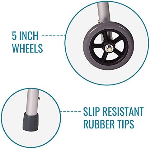 DMI Lightweight Aluminum Folding Walker with Single Release, 5 Inch Wheels, Adjustable Height, No Assembly Needed, Silver, 250 lb Weight Capacity