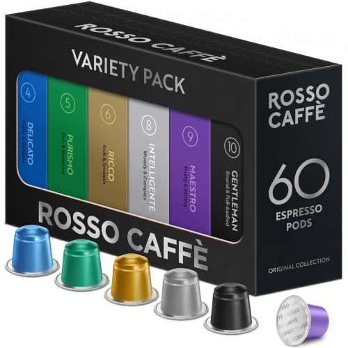 ROSSO CAFFÈ Espresso Pods for Nespresso Original Machines, Variety Pack 60 | Six Distinct Coffee Blends • Smooth to Intense Roasts • Rich Crema