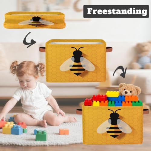 Cute Bee Square Storage Basket Bin Canvas Fabric Compressible Organizer Basket with Handle for Bedroom Nursery Office, 1PCS