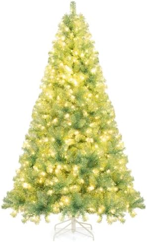 Goplus 7.5ft Pre-Lit Artificial Christmas Tree, Premium PVC Snow Flocked Hinged Pine Tree with Metal Stand and LED Lights