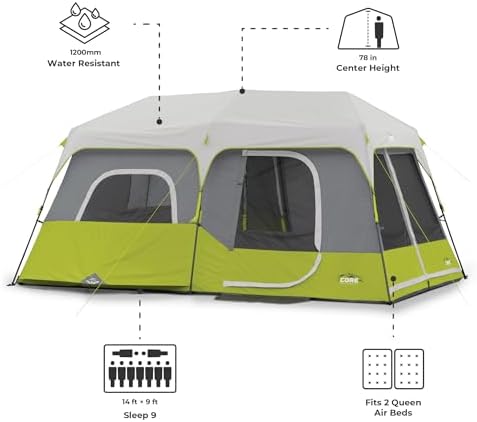 Core 9 Person Instant Cabin Tent - 14' x 9', Green (40008)