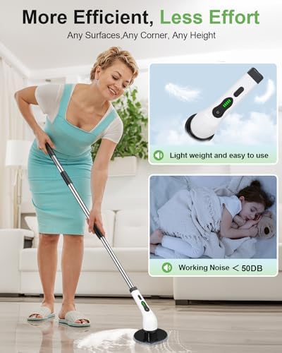 6-in-1 Cordless Electric Spin Scrubber with Long Handle | Power scrubber, bathroom scrubber, 47.2 in long handle, 2 speed scrub brush, IPX7 rated body, kitchen, tile, tub, floor
