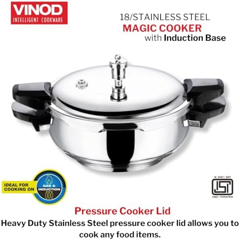 Vinod Magic Stainless Steel Smart 3 in 1 Pressure Cooker 5.5 Litre | 5mm Thick Base | All in One Cooker with Strainer & Glass Lid | Induction and