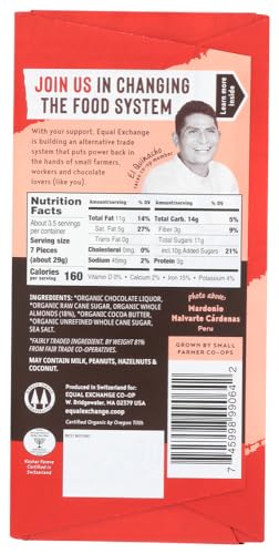Equal Exchange Organic Dark Chocolate with Almonds & Sea Salt (55% Cacao), 3.5 oz (Pack of 10)