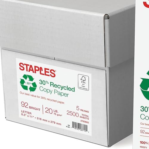Staples 30% Recycled 8.5-Inch X 11-Inch Copy Paper 20 Lbs 92 Brightness 500/Ream, For Office, School & Home