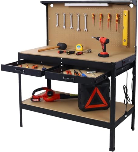 Heavy-Duty Steel Workbench with LED Light, 59'' Tool Storage Bench with Power Outlets & USB Ports, 200 lbs Capacity