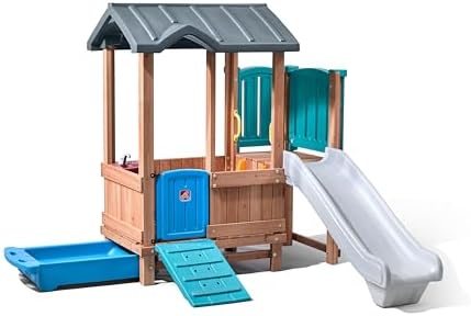 Step2 Woodland Adventure Playhouse & Slide, Kids Outdoor Playset, Backyard Playground Set, Swings, Storage Drawer, Made of Wood & Durable Plastic