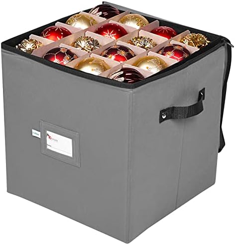 Christmas Ornament Storage Box, 4 Individual Trays Xmas Storage Container, Fits 64 Ornaments Decoration Balls, Constructed of Durable Polyester Material (Red)