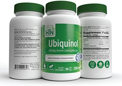 Health Thru Nutrition Ubiquinol 200mg 30 Softgels as Kaneka QH Reduced CoQ-10 | Stabilized - 3rd Party Tested | Enhanced Bioavailability | Cardiovascular & Mitochondria Function Support | Non-GMO | Reduced Form CoQ-10 Supplement, High Absorption, Cardiov…