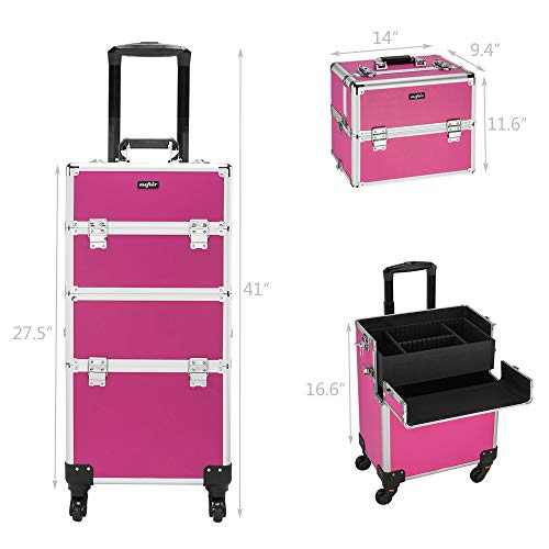mefeir 3 in 1 Rolling Makeup Train Case, Aluminum Makeup Travel Organizer Cosmetic Case, Cosmetology Display Suitcase on Wheels, Beauty Storage Luggage Lockable w/4 Removable Wheels, Black