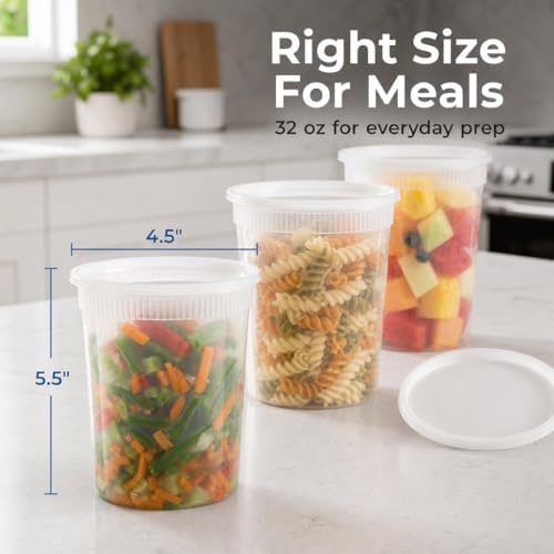 Basix Deli Containers with Lids, 32 Oz Leakproof Plastic, 24 Count | Microwave & freezer safe, for soup, snacks, leftovers, takeout & picnics