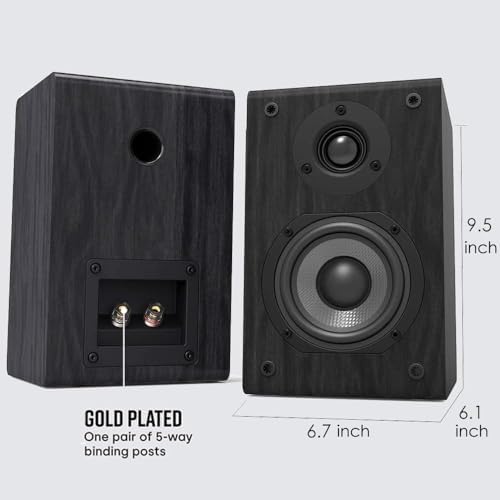 LONPOO Passive Bookshelf Speakers, 150W Wooden Cabinet Stereo Speakers Pair | 4" Carbon Fiber Woofer, 1" Silk Dome Tweeter, Amplifier Required