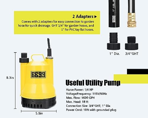 Submersible Water Pump 1/4 HP 1600GPH Thermoplastic Utility Pump Electric Portable Transfer Water Pump with 10-Foot Cord for Pool Tub Garden Pond