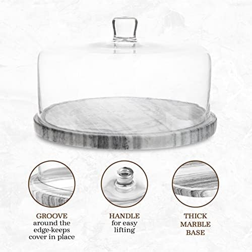 Marble Cake Stand with Glass Dome Cover | 12.5" Natural Marble Cake Plate, 12" 100% Handblown Glass Lid