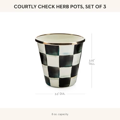 MACKENZIE-CHILDS Enamel Herb Pot Set, Small, Black-and-White Courtly Check | Hand-painted design, small plant pots for herbs or flowers, 8-ounce capacity per pot, set of 3