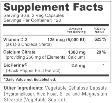 Super Calcium with Vitamin D3 Non GMO 1300 mg 240 Veg Capsules -120 Serves | Calcium Citrate Complex, Supports Nutritional Supplementation, Vegan