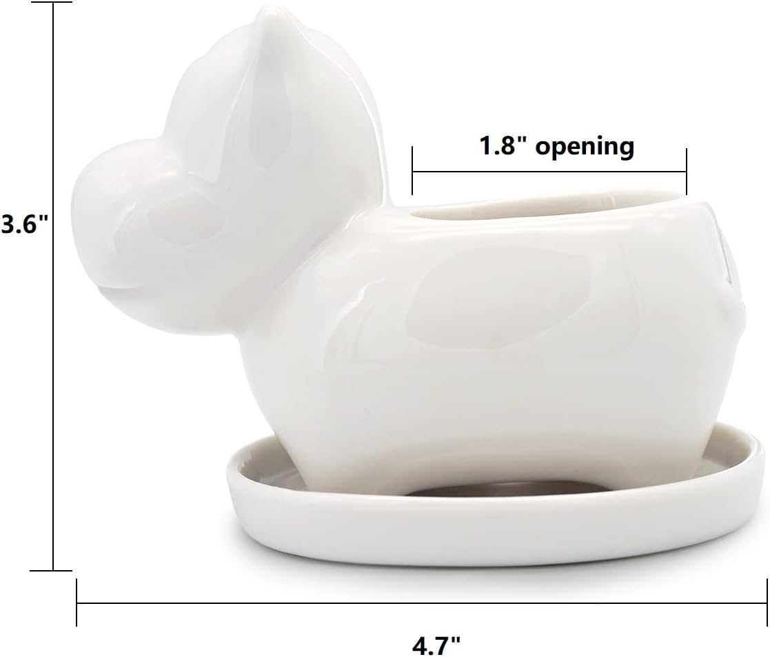 GeLive White Cow Succulent Pot, Small Ceramic Animal Planter with Drainage Hole & Saucer for Cactus, Mini Air Plants, Pencil Holder Brush Organizer, Indoor Home Office Desk Decor, Funny Gift