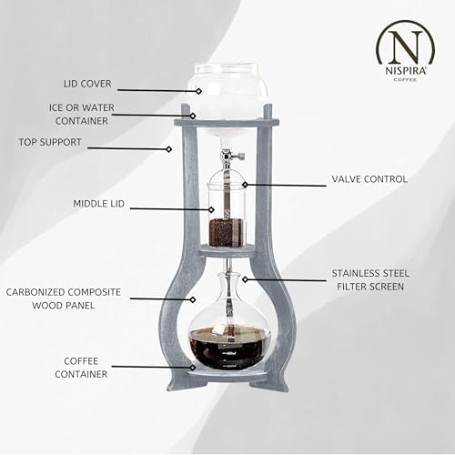 Nispira Iced Coffee Cold Brew Drip Tower Coffee Maker, 6–8 Cup Manual Cold Brew Brewer with Adjustable Valve, Wooden Frame & Glassware, Slow Cold Extraction System