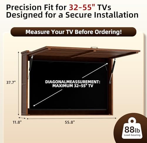 Outdoor TV Enclosure, Fit for 32-55 Inch TV, Solid Wood Wall-Mounted TV Cabinet with Dual-Arm Steel Bracket, Includes 600D TV Cover (Walnut Color)