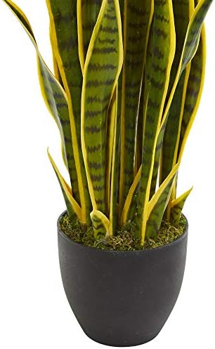 Nearly Natural 33” Sansevieria Artificial Silk Plants Green | 35 Variegated Leaves, Handcrafted Materials, Black Decorative Planter