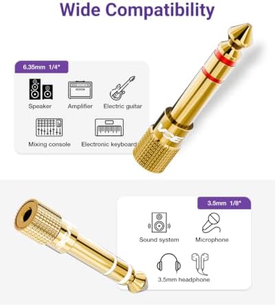 VCE 3.5mm to 1/4 Adapter Stereo Headphone Adapter, 24K Gold-Plated, 2-Pack | Seamless Audio Connection, Premium Sound Fidelity, Secure TRS Connection for Aux Cable, Guitar Amplifier, Headphone