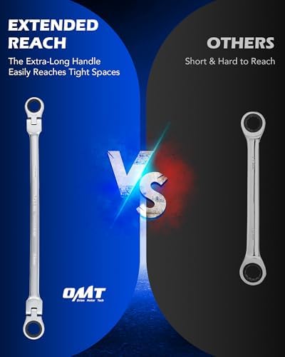 OMT 6Pc Metric Extra Long Flex-Head Ratcheting Wrench Set, 8-19mm Range | Durable 40CrV Steel Build, 72-Tooth Gearing, 180° Rotating Flex-Head