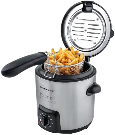 OVENTE Electric Deep Fryer, 0.9L Capacity, 840W, Silver FDM1091BR | Adjustable Temperature Knob, Locking Lid, Removable Frying Basket and Cool Touch Handle, Easy to Clean Stainless Steel Body