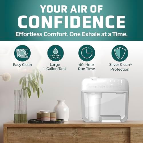 PureGuardian Ultrasonic Cool Mist Humidifier with Aromatherapy Tray, 70-Hour Run Time, 1-Gallon Tank Capacity, 320 Sq. Ft. Coverage for Small Rooms