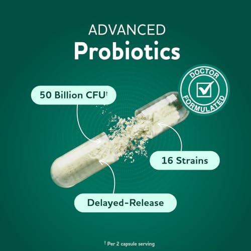 Prebiotics and Probiotics, 50 Billion CFU, 16 Probiotic Strains & Inulin | With Prebiotic Fiber, Delayed Release Capsules, Gut Health Support, Prebiotics and Probiotics for Women & Men, 60 Capsules