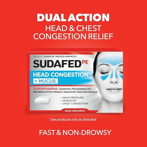 Sudafed PE Head Congestion + Mucus Relief Tablets, Non-Drowsy, 24 Ct | For Sinus Pressure, Congestion & Headache, Decongestant with Acetaminophen