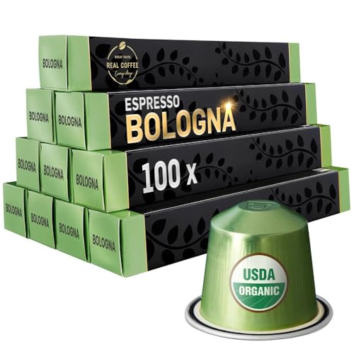 Bologna Organic Italian Espresso for Nespresso Original Line Machines | 100 Aluminum Capsules | Smooth Velvety Flavor | Fairtrade | Espresso Coffee
