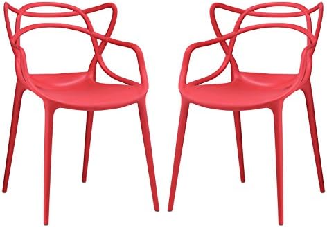 Contemporary Modern Urban Designer Dining Kitchen Room Side Dining Chair, Set of Two Red Plastic