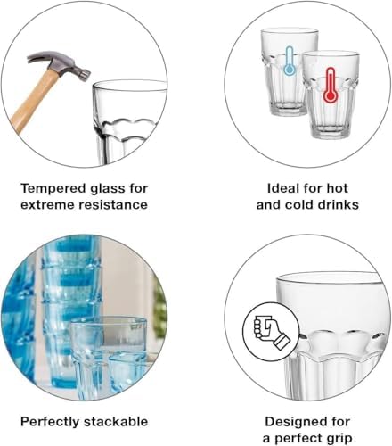 Bormioli Rocco Rock Bar 12.5 oz. Long Drink Stackable Tempered Beverage Glasses for Cold Drinks, Water, and Cocktails, Set of 6, Ice Blue