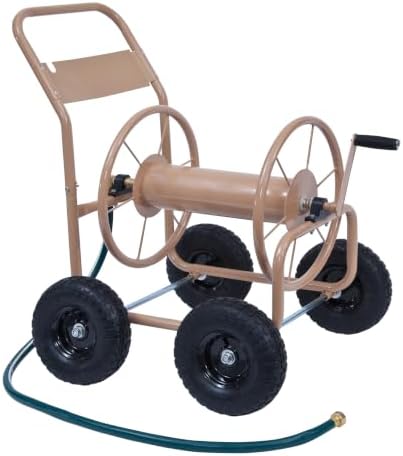 Liberty Garden Industrial 4 Wheel 300 Foot of 0.625 Inch Hose Steel Frame Water Hose Reel Cart for Backyard, Garden, or Lawn, Beige