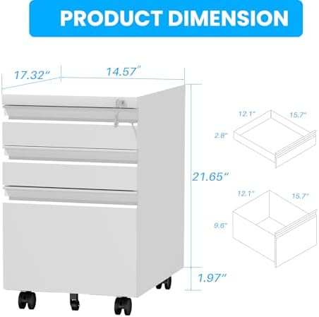 3-Drawer Mobile Steel Filing Cabinet with Lock, Fully Assembled Under Desk File Cabinet for Letter/Legal/A4 Size, Heavy Duty Storage Organizer for Home Office