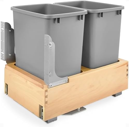 Rev-A-Shelf 35 Qt Bottom Mount Single Pullout Under Cabinet Kitchen Trash Cans for Base Cabinets, 150 Pound Rated Full-Extension Slides, Min Opening Width of 11.5", Silver, 4WCBM-15DM-1