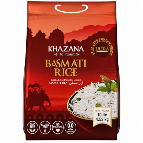 Authentic Extra Long Basmati Rice by Khazana in 10 lb Bag - Aromatic and Flavorful Indian Grain - Non-GMO, Gluten Free, Kosher, Cholesterol Free