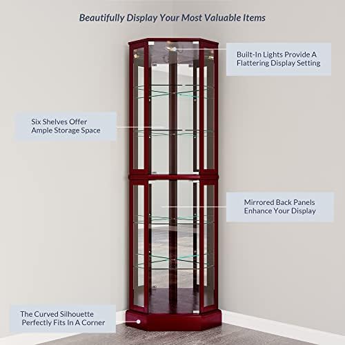 BELLEZE Lighted Corner Display Curio Cabinet Wooden Curved Shelving Unit with Tempered Glass Door