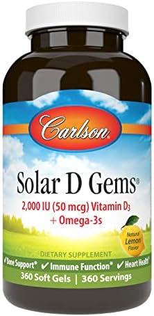 Carlson Solar D Gems, 2000 IU (50 mcg) Vitamin D3, Lemon, 360 Softgels | Vitamin D3 and Omega-3 Supplement, 115 mg Omega-3s EPA and DHA Supplement