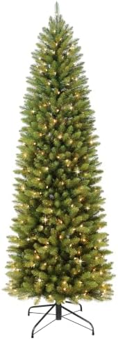 Puleo International 7.5ft Pre-Lit Fraser Fir Pencil Christmas Tree with 350 Clear Lights, 1188 Realistic Dense Branch Tips, Easy Setup Artificial Trees with Sturdy Metal Stand