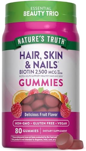 Nature's Truth Hair Skin and Nails Gummies | 80 Count | 2500mcg of Biotin | Vegan, Non-GMO, Gluten Free Supplement | Vitamin for Women & Men