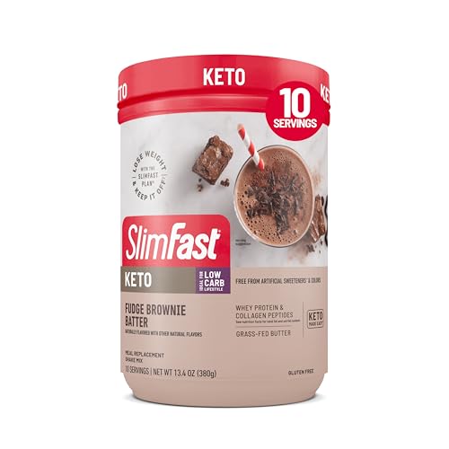 SlimFast Keto Meal Replacement Shake, Fudge Brownie Batter, Low Carb Keto Protein Powder with Collagen & Whey, No Sugar Added, Gluten Free, Weight Loss Support, 10-Serving Canister