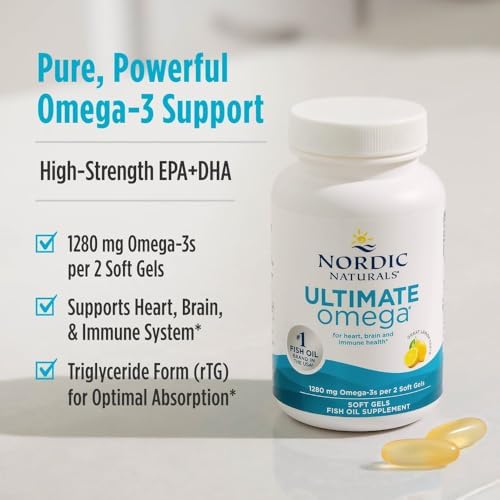 Nordic Naturals Ultimate Omega, 1280mg Omega-3 Fish Oil, Lemon - 60 Count | High-potency Omega-3 Fish Oil with EPA & DHA supports brain & heart health. Non-GMO, burpless formula. 30 servings.
