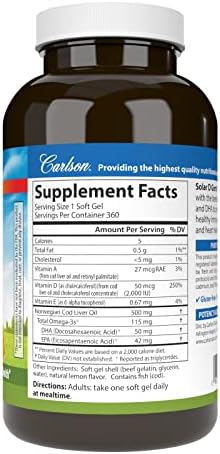 Carlson Solar D Gems, 2000 IU (50 mcg) Vitamin D3, Lemon, 360 Softgels | Vitamin D3 and Omega-3 Supplement, 115 mg Omega-3s EPA and DHA Supplement